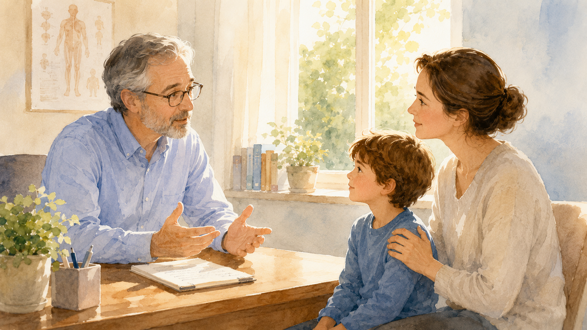 A pediatrician calmly explaining bedwetting and constipation to a mother and her young son in a sunlit consultation room